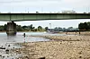 Spaziergänger im trockenen Rheinbett, dahinter Zoobrücke und Mülheimer Brücke in Köln.