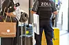 Zollbeamter am Kieler Ostseekai spricht mit Passagierin neben Gepäck und Koffer