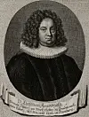 Porträt eines Mannes mit lockigem Haar und weißem Kragen, darunter ein Schriftband mit Inschrift.