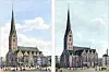 Zwei Ansichten einer Kirche nebeneinander, links mit Menschen und Platz, rechts in ruhigerem Umfeld.