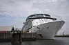 Kreuzfahrtschiff am Terminal Steinwerder im Hafen Hamburg, Anleger im Vordergrund, Hafenkräne im Hintergrund.