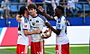Rayan Philippe, Otto Stange und Patson Daka jubeln nach dem HSV-Tor gegen OSC Lille.