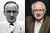 Zwei Porträts desselben Mannes: links historisch in Schwarz-Weiß, rechts im höheren Alter in Farbe.