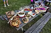 Auf einem Holztisch in der Lüneburger Heide stehen verschiedene Kräuterspeisen, Brot und Gebäck.