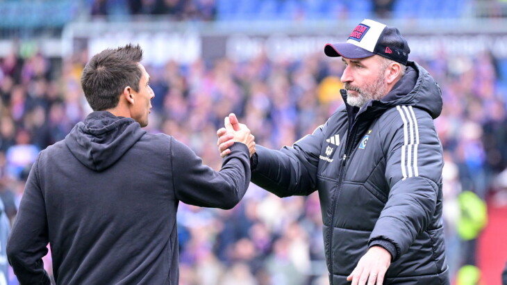 Marcel Rapp und Tim Walter begrüßen sich am Spielfeldrand beim Spiel Kiel gegen den HSV.