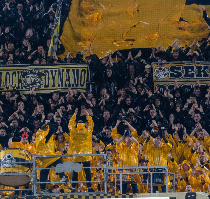 Dynamo-Dresden-Fans präsentieren im Rudolf-Harbig-Stadion eine große gelb-schwarze Choreografie.