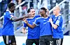 Bakery Jatta, Rayan Philippe, Patson Daka und Albert Groenbaek jubeln nach Dakas Tor gegen Everton.