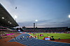 Owen Ansah und weitere Sprinter im 100-Meter-Halbfinale im Alexander Stadium in Birmingham.