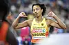Malaika Mihambo im Deutschland-Trikot jubelt nach ihrem letzten Sprung im Alexander Stadium in Birmingham.
