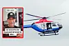 Blau-weißer Polizeihubschrauber im Flug, daneben Porträtgrafik mit Hinweis auf einen bewaffneten Raubüberfall.