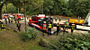 Feuerwehrkräfte stehen neben roten Einsatzfahrzeugen an einer Waldstraße.