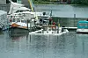 Weiße Fischerboote liegen in einem ruhigen Hafenbecken, dahinter weitere Schiffe und ein begrüntes Ufer.