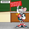 Comicillustration mit zwei Mäusen vor Tafel und Lehrerpult; Werbung für ein Mäusekonto.