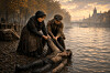 Zwei Frauen ziehen am Flussufer an einem Baumstamm, dahinter eine historische Stadtlandschaft.