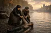 Zwei Frauen ziehen am Flussufer an einem Baumstamm, dahinter eine historische Stadtlandschaft.