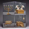 Bemalte zweiteilige Tora-Schreintür mit Menora, Cherubim, Tisch und Räucheraltar.