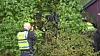 Zwei Polizeikräfte stehen an dicht bewachsener Vegetation nahe der Unfallstelle in Hamburg-Bahrenfeld.