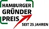 Logo des Hamburger Gründerpreises mit rotem Pfeil und dem Hinweis „Seit 25 Jahren“