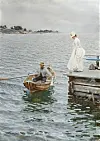 Aquarell eines Mannes auf einem Boot und einer Frau auf einem Bootssteg.