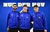 Richard Krohn, Merlin Polzin und Loic Favé Arm in Arm bei der Trainer-Vorstellung