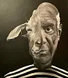 Ein Porträt von Picasso vermischt sich mit dem Antlitz eines Schafs.