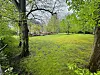 Grüne Wiese unter Bäumen, im Hintergrund eine Villa