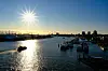 Ausblick über den Hamburger Hafen, Panorama, Sonnenuntergang.