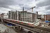 Das Gebäudeensemble der Flüggerhöfe mit einem Baugerüst