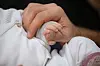 Baby hält die Hand eines Erwachsenen