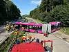 Pinker Bus steht quer auf Autobahn