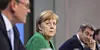 Bundeskanzlerin Angela Merkel (Mitte, CDU), Berlins Regierender Bürgermeister Michael Müller (links, SPD) und Bayerns Ministerpräsident Markus Söder (CSU) nach dem Corona-Gipfel.