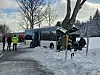 Nach der Kollision mit dem Streufahrzeug krachte der Schulbus mit großer Wucht gegen einen Baum.