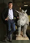 Prof. Matthias Glaubrecht mit einem präparierten Nashorn. Noch befinden sich die Exponate, die künftig im Elbtower zu sehen sein sollen, im nur 2000 Quadratmeter großen „Museum der Natur Hamburg“ an der Bundesstraße.