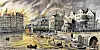 Eine Stadt in Flammen: Zu sehen sind das damalige Hamburger Rathaus und die alte Börse an der Trostbrücke. So erlebte der Lithograf Peter Suhr die Nacht vom 5. auf den 6. Mai 1842.