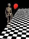 Das Gemälde eines Skeletts vor einem scharz-weiß karierten Hintergrund.