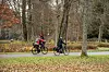 Zwei Fahrradfahrer fahren an einem Waldstück vorbei.